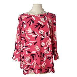 Talbots Womens Petite Blouse 2XP Pink Floral Print Chic 3/4 Sleeve Loose Festive